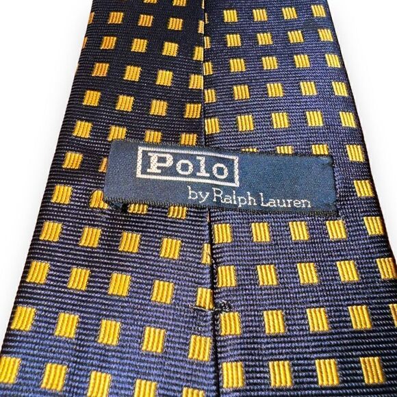 Polo Ralph Lauren Navy & Gold Check Handmade in USA 100% Silk Tie - Picture 3 of 5